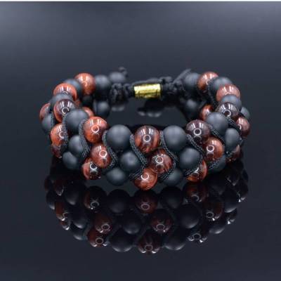 Herren Dreifach-Armband aus Edelsteinen Tigerauge und Onyx mit Knotenverschluss, Makramee Armband, 8 mm