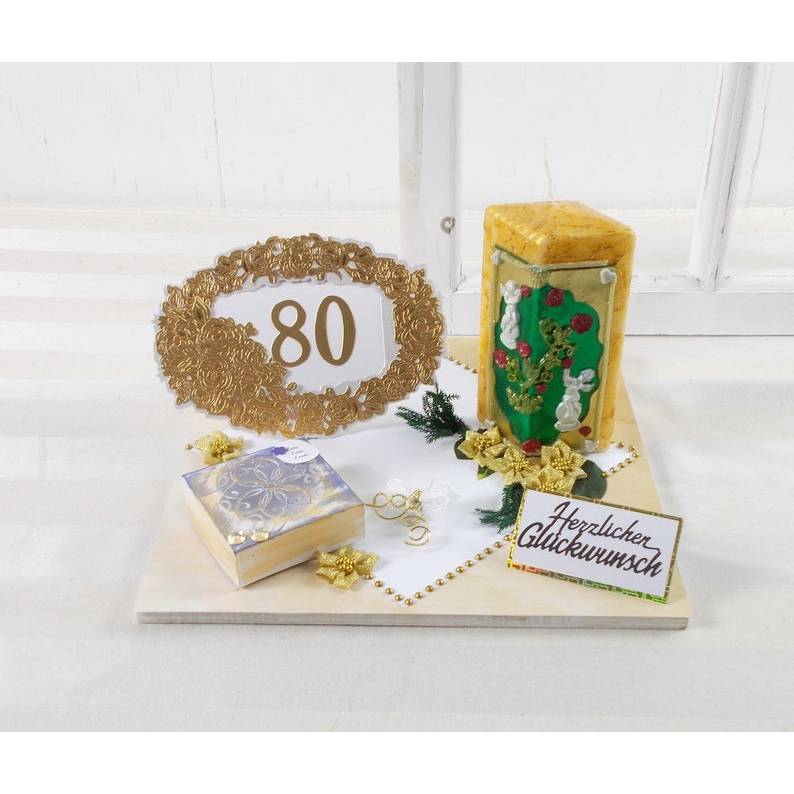 Geldgeschenk 80ter Geburtstag, in gold Tönen mit Kerze, Geburtstagsgeschenk Bild 1