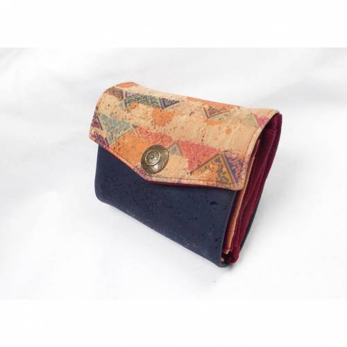 Minigeldbeutel, Geldbörse, Portolino, aus Korkstoff dunkelblau und bunt, Innen rot und orange, 6 Kartenfächer, handgemacht von Dieda