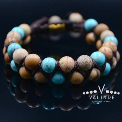 Herren Edelstein Doppel-Armband aus Turkis und Jaspis mit Knotenverschluss, Makramee Armband, Geschenk für Mann, 8 mm