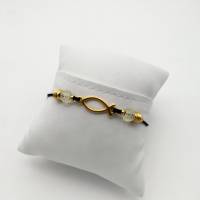 Leder-Perlen-Armband schwarz gold transparent mit Gold-Ornament Fisch, variabel Bild 6