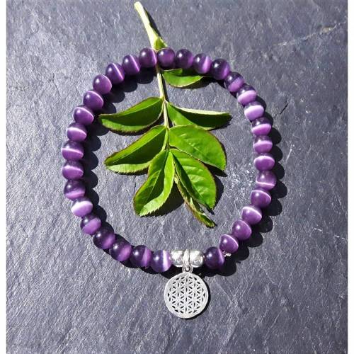 Violettes Cateye-Perlenarmband mit Blume des Lebens aus 925 Silber