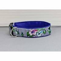Hundehalsband mit Blumen und Streifen, dunkelblau und weiß, geblümt, mit Kunstleder in blau, Blumen, gestreift, Hochzeit, Hund, Halsband Bild 1