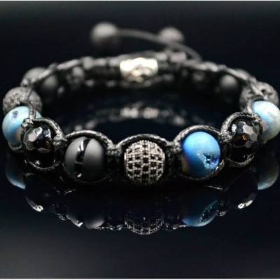 Herren Armband aus Edelsteinen Druzy Achat Onyx Lava Achat und Cubic Zirkonia mit Knotenverschluss, Makramee Armb