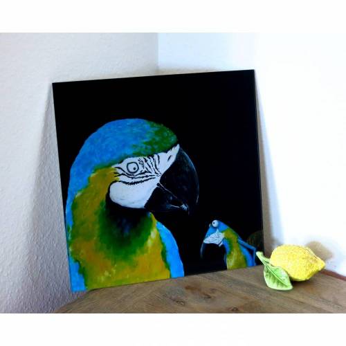 Arafrosch, Druck hinter Acrylglas, Blauer Ara, Bild mit Papagei, Bild Wohnzimmer, Froschbild, Frosch, Vogelbild, witziges Bild