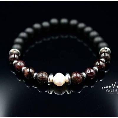Herren Armband aus Perlen Granat Onyx und Hämatit, Elastisches Armband, Geschenk für Mann, 8 mm