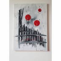 Abstrakte Malerei Acryl Bild Schwarz/Weiß mit Rot Acrylbild Malen Leinwand Kunstbild Gemälde Bild 1