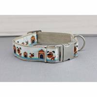 Hundehalsband mit Hunden, comic, blau und braun, Gurtband in beige, Hundehütte, niedlich, edel, Halsband, Hund, Haustier Bild 1