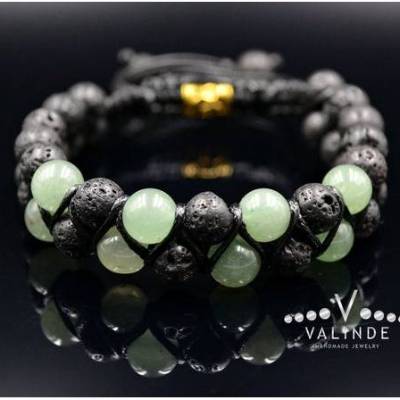 Herren Edelstein Doppel-Armband aus Aventurin und Lava mit Knotenverschluss, Makramee Armband, Geschenk für Mann, 8 mm