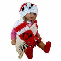 Willkommensgeschenk Baby Kleinkind Mütze und Schal gestrickt Rot- Weiß- Farben- MIX gehäkelte Blüten- und Blattapplikationen Bild 3