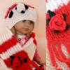 Willkommensgeschenk Baby Kleinkind Mütze und Schal gestrickt Rot- Weiß- Farben- MIX gehäkelte Blüten- und Blattapplikationen Bild 5