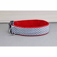 Hundehalsband mit Punkten, hellblau und rot, gepunktet, mit Kunstleder in rot, Polka Dots, Tupfen, trendy, Hund, Halsband Bild 1