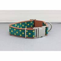 Hundehalsband mit Punkten, grün und gold faben, Gurtband in braun, gepunktet, Halsband, Hund, Haustier Bild 1