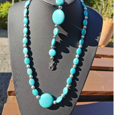 Türkis Set, Armband und Kette, Edelstahlperlen (Tkk3)