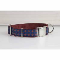 Hundehalsband mit Kreisen, abstrakt, dunkelblau und braun, Gurtband in dunkelbraun, Kreis, rot, edel, Halsband, Hund, Haustier Bild 1