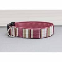 Hundehalsband mit Streifen, geometrisch, rosa, beere und beige, gestreift, mit Kunstleder in altrosa, niedlich, modern, Hund, Halsband Bild 1