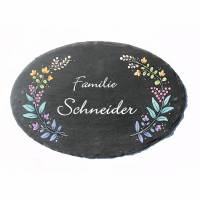 Schiefertürschild oval handbemalt Blumenranke pastell Wunschname personalisiert, Familienschild Schiefer Bild 1