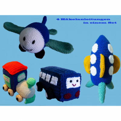 Amigurumi Häkelanleitung´s Paket Fahr & Flugzeuge (Bus Berti, Flugzeug Louie, Lok Emma & Rakete Rocket)