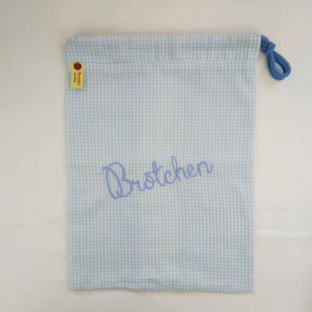 Baumwoll- Brötchenbeutel in hellblau kariert mit Schriftzug "Brötchen"  - Zero Waste Bild 1