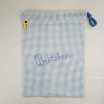 Baumwoll- Brötchenbeutel in hellblau kariert mit Schriftzug "Brötchen"  - Zero Waste