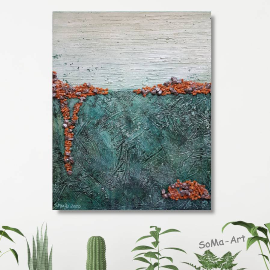 Acrylmalerei auf MDF Platte, abstrakte Landschaft mit Dekoration in harmonischen Grüntönen, Orange und Kufper. Kleines Kunstwerk Bild 1