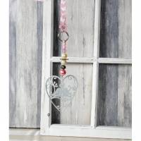 Fensterdeko, Hänger, filligranes Metallherz mit Vögeln, weiß rosa, Türkranz Bild 1
