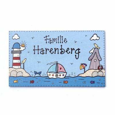 maritimes Türschild aus Holz für Familien mit Name personalisiert. Blaues Holzschild, Haustürschild, Namensschild.