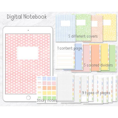 Digitales Notizbuch, Journal, Planer für Goodnotes, 5 Register, 5 Cover, passende Sticker