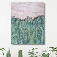 Acrylmalerei auf MDF Platte, abstrakte Landschaft mit Dekoration in Grün und Rose, Wanddekoration, Kunst Bild 1