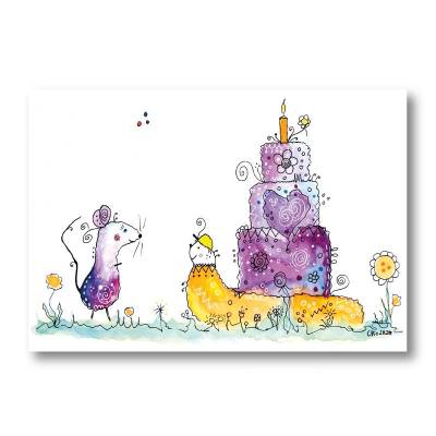 lustige Geburtstagskarte Schnecke mit Torte, Glückwunschkarte, Klappkarte mit Umschlag