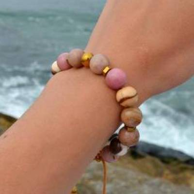 Damen Armband aus Edelsteinen Rhodonit Jaspis und Hämatit mit Knotenverschluss, Makramee Armband, 10 mm