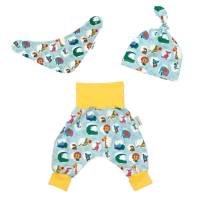 Baby Jungen Mädchen Frühchen Set Pumphose-Mütze-Tuch "Bunte Dschungelbande" Geschenk Geburt Ostern Bild 1