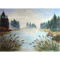 Waldsee Aquarell handgemalt 36 x 51 cm Querformat Bild 1