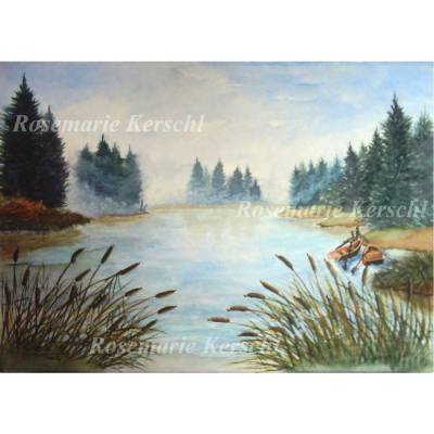 Waldsee Aquarell handgemalt 36 x 51 cm Querformat