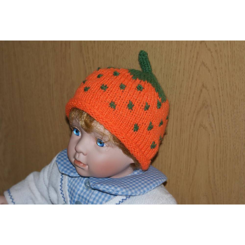 Erdbeermütze Babymütze Kindermütze Handgestrickt Orange/Olivgrün Bild 1