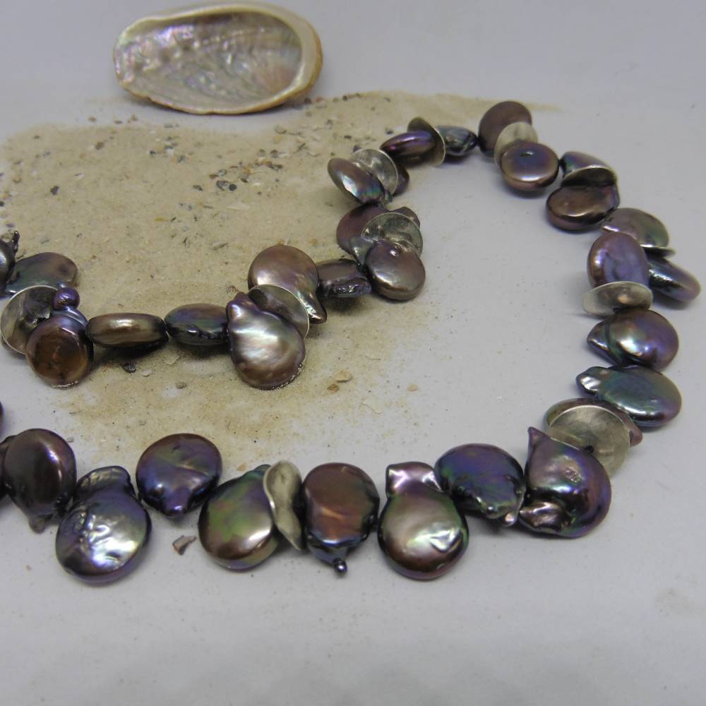 Echte Perlenkette Süßwasser schwarz-grau, originell mit 925er-Silber Zwischenscheiben, Schloß mexikanisch Bild 1