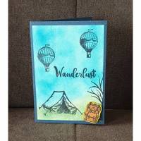 Geburtstagskarte " Wanderlust " Zelt , Rucksack Bild 1