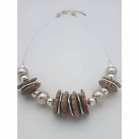 Perlen-Halskette mit Naturstein Heishi-Scheiben natur-beige silber 43cm plus Verlängerungskette Bild 1