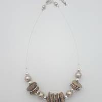 Perlen-Halskette mit Naturstein Heishi-Scheiben natur-beige silber 43cm plus Verlängerungskette Bild 7