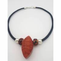 Leder-Perlen-Halskette mit auffälligem Glasanhänger in schwarz rot-braun silber  44cm Bild 1