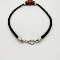 Leder-Perlen-Halskette mit auffälligem Glasanhänger in schwarz rot-braun silber  44cm Bild 4