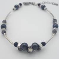 Doppelreihiges Perlen-Armband mit Naturstein schwarz silber 20 cm plus Verlängerungskette Bild 1