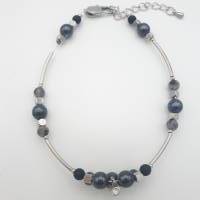 Doppelreihiges Perlen-Armband mit Naturstein schwarz silber 20 cm plus Verlängerungskette Bild 2