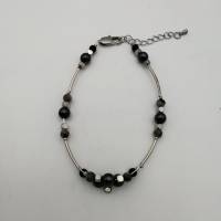 Doppelreihiges Perlen-Armband mit Naturstein schwarz silber 20 cm plus Verlängerungskette Bild 3