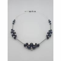 Doppelreihige Perlen-Halskette mit Naturstein schwarz silber 44 cm plus Verlängerungskette Bild 1