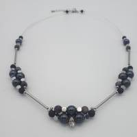 Doppelreihige Perlen-Halskette mit Naturstein schwarz silber 44 cm plus Verlängerungskette Bild 4