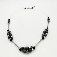 Doppelreihige Perlen-Halskette mit Naturstein schwarz silber 44 cm plus Verlängerungskette Bild 5