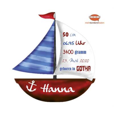 Wandtattoo: Segelboot - rot blau - mit Name & Geburtsdaten personalisierbar
