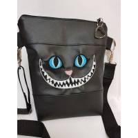 Kleine Handtasche Grinsekatze schwarzt Umhängetasche Halloween Tasche mit Anhänger Kunstleder Bild 1