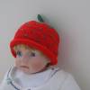 Erdbeermütze mit Dreiecktuch Babymütze Kindermütze Handgestrickt Rot/Olivgrün Bild 2
